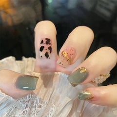 24pcs Coffin False Nails Leopard With Gold Foil Designs Ballerina Fake Nail Tips Press On Artificial Full Cover Manicure