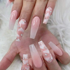 24pcs White Black Fake Nails with Designs Long Coffin Ballerina False Nails Butterfly Metal Press On Nail Manicure Tip
