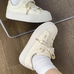 YICKYUE - Minimalist Style Canvas Shoes Solid Color Thick Sole Womens Casual Shoes Fashions Low-top Lace Up Shoes for Ladies