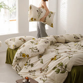 YICKYUE - Warm Plant Pattern Duvet Cover Set, Thick Flannel Fleece, Luxury Bedding Set, Simple Soft Short Plush Bed Set, Autumn and Winter