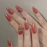 YICKYUE - 24Pcs Simple Fake Nails Full Cover Nail Tips Long Almond False Nails with Diamond Chain Designs Wearable Oval Press on Nails