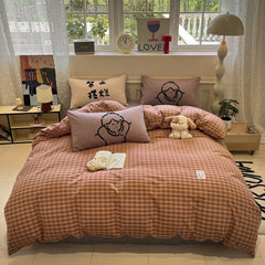 YICKYUE - INS Vintage Plaid Cotton Washed Bedding Set with Korean Lace | Soft 4-Piece Quilt Cover Sheet Pillowcases