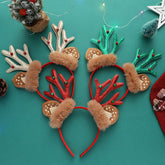 Yickyue Christmas Red Green Pale Gold Anlter Hair Hoop Plush Deer Ears Headband Girls Xmas Gifts Happy New Year 2023 Party Decorations