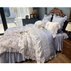 French Vintage Rural Floral Princess Bed Skirt Bedding Set Romantic White Lace Edge 400TC Cotton Quilt/Duvet Cover Set Pillowcas