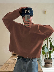 Hearujoy Men's Loose Solid Ripped Knitted Pullover, Street Style Long Sleeve Crew Neck Sweater For Fall Winter