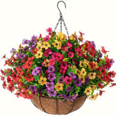 YICKYUE - 1pc Vibrant Multi-Color Artificial Daisy & Wildflower Hanging Basket - 18.1" Lush Faux Floral Arrangement with Coconut Lining, Perfect for Patio, Garden, Porch, Deck, Front Door Decor - No Power Needed, All-Season