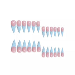 YICKYUE - 24PCS Light Blue French False Nails 3D Water Ripple Decor Press On Long Almond Nails Full Cover Stiletto Fake Nails Y2k Finished