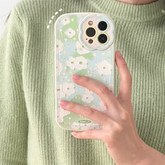 Korea Aesthetic Painting Green Flowers Lambskin Phone Case For iPhone 13 12 11 Pro XS Max X XR Lovely Soft Silicone Back Cover