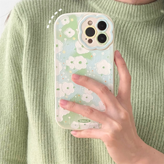 Korea Aesthetic Painting Green Flowers Lambskin Phone Case For iPhone 13 12 11 Pro XS Max X XR Lovely Soft Silicone Back Cover