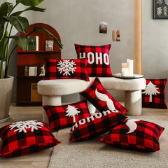 Yickyue New Christmas Cushion Covers Red and Black Plaid Embroidery Festival Pillow Covers Decorative Christmas Pillowcase Decor Home