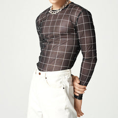 Hearujoy Plaid Print Mesh T Shirts Men Slim Fit Long Seeve O-neck Tee Tops Summer Casual Mens Perspective Tight T-shirt Streetwear
