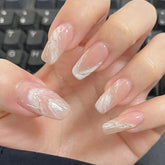 YICKYUE 24press on Nail White Shading Lines The Magic Mirror Pink Special Nail Plate Free Tools Full Nail Tips Short Press on Nails