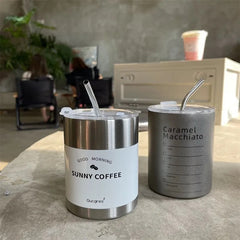 400ml Double Wall Stainless Steel Coffee Mug With Lid Straws Leak-Proof Vacuum Flask Thermal Beer Tea Cup Water Bottle Drinkware