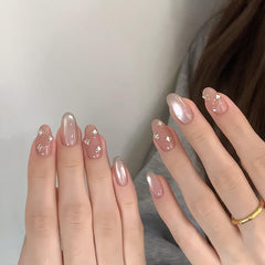 YICKYUE - 10Pcs Sweet Handmade Press on Nails LightPink Cat Eyes Oval Fake Nails Cute Rhinestone Design Fake Nails Wearable Manicure