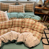YICKYUE 4pcs Bedding Set 1 Quilt Cover + 2 Pillowcases + 1 Bed Sheet Combination Plaid Pattern Chemical Fiber Fabric Lace Craft Soft And Skin-Friendly Spring And Summer Seasons Does Not Include Quilt Core Does Not Include Pill