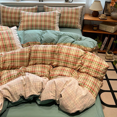 YICKYUE 4pcs Bedding Set 1 Quilt Cover + 2 Pillowcases + 1 Bed Sheet Combination Plaid Pattern Chemical Fiber Fabric Lace Craft Soft And Skin-Friendly Spring And Summer Seasons Does Not Include Quilt Core Does Not Include Pill