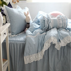 YICKYUE - 100% Cotton Bedding Set Luxury Blue Plaid Printing Princess Lace Duvet Cover Bed Skirt Bedspread Pillowcases Home Textile