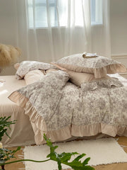 Yickyue Four-Piece French Summer Plant Printing Cooling Silk Skating Vintage Lace 1.8M Quilt Cover Home Textile Finished Product Fashion
