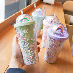 550ML Kawaii Creative Rainbow Plastic Water Cup Large Capacity Ladies Straw Cup Double Color Bead Smooth Drink CupDrink Cup