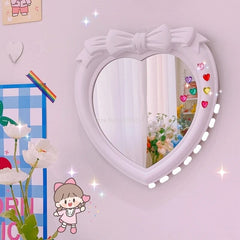 Yickyue Girl Bow Heart-shaped Mirror Desktop Decoration Wall Mirror Dual-purpose Vanity Mirror Room Decoration Mirror