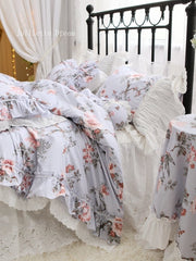 Yickyue New French Countryside Garden Flowers and Birds bedding set Cotton ruffle lace duvet cover bed sheet set Bedding Sets for queen