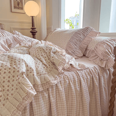 YICKYUE - Pink Gingham & Ditsy Floral Bedding Set