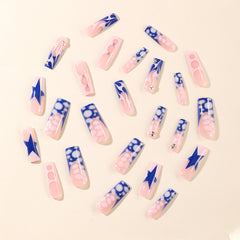 YICKYUE - 24PCS French Blue Star Diamond False Nails Press On Long Coffin Y2K Style Fake Nails with Flame Stripe Designs Ballet Nail Art