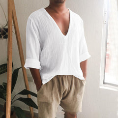 Hearujoy Spring Summer Mens V Neck Cotton Linen T-shirt Loose Solid Long Sleeve Pullovers Tops Fashion Casual Clothing Streetwear