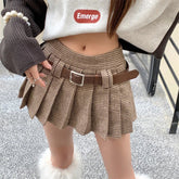 YICKYUE - American College Style Khaki Plaid Pleated Skirt Women's Summer Color Contrast A-line High Waist Short Skirt Femal