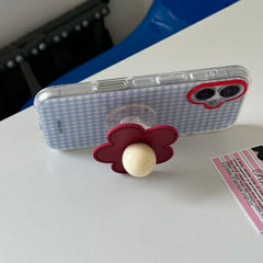 YICKYUE - Ins Simple Blue Grid Pattern Red Flower Bracket Phone Case for iPhone 16 15 14 13 Pro Max Back Cover Fund