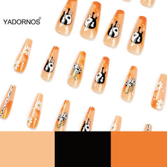 Nails Set Press On Long 24Pcs Glossy Orange False Nails Cherry Pattern Design Nail Tips Wearable Full Cover Free Shipping
