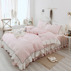 Yickyue Luxury Princess Style 100% Cotton Bedding set Ruffles Duvet Cover Black Dot Flat Pillowcases 4pcs For Girls Bed Set