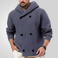 Hearujoy Autumn Winter Men Double Breasted knitted Hoodie Jacket Vintage Grey Hooded Sweater Oversized Knit Cardigan Casual Knitwear