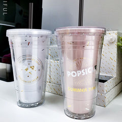 Double Layer Plastic Cups With Straw And Lids Cover For Girl Heat Insulated Plastic Bottle Water Cup Household Office Bpa Free