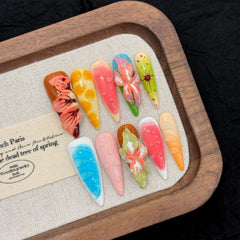 YICKYUE - 10pcs Handmade Press on Nails Sweet 3D Carved Tropical Flowers False Nails Wearable Full Cover Ins Long Almond False Nail Tips