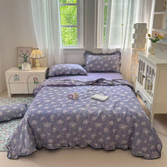 YICKYUE - 4pcs Lace Quilt Set Flat Sheet 2 Pillowcases Flowers Printed Summer Blanket Queen Size French PrincessWrinkled Yarn Bedding Set