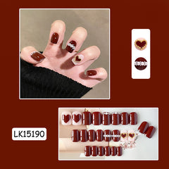 YICKYUE - 24pcs Red Fake Nails Press on Rhinestone Heart Design Medium Artificial Nail Tip with Glue Full Cover Stick-on Nails Tips Art