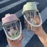 Yickyue 500ML Cute Flower Water Bottle For Girls With Pearl Chain Portable Transparent Glass Double Drinking Coffee Mug Milk Tea Cup
