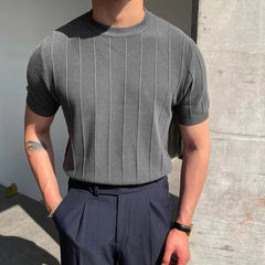 Hearujoy Summer Men Knit Ice silk T shirts High Quality Solid Color Stripe Short sleeve O-neck Tee Tops Mens Thin Slim Fit T-Shirts