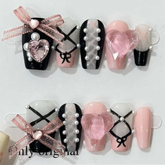 YICKYUE - 10pcs Black Edge French Press on Nails Wearable Pink Med-length Ballet False Nail Love Pearl Bow Design Full Cover Nail Tips Art