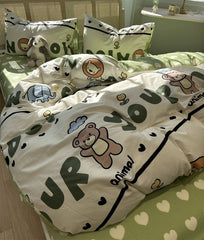 Yickyue - Cute cartoon bear lion elephant bedding set,twin full queen green lovely cotton home textile bed sheet pillow case quilt cover