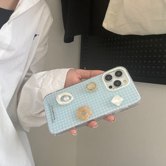 YICKYUE - Korean Ins Blue grid pattern 3D Gemstone Pearl Flower Bracelet Phone Case for iPhone 16 15 14 13 Pro Max Back Cover Fund