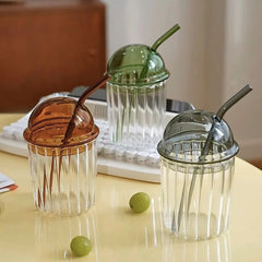 YICKYUE - Simple Striped Glass Straw Cup with Cute Lid,Juice Bubble Water Cup,Heat-resistant Coffee Cup,Colorful Drinking Cup Water Bottle