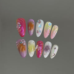YICKYUE - 10pcs Handmade Press on Nails Sweet Cool Aurora Butterfly Star Fake Nail Tips Wearable Summer Spice Girls Almond False Nails