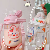 1100ML Large-Capacity Water Bottle Cute Rabbit Plastic Cup Direct Drinking Straw Cup Portable Cold Drinking Bottle with Stickers