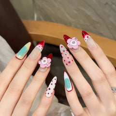 YICKYUE - Medium Length Fake Nails 3D Rhinestone Designs Nude With Chompers Press on Nails Pointy False Nails for Women DIY Nails