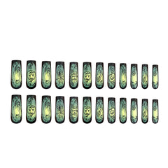 YICKYUE - 24pcs Halloween Green Frosted Fake Nails Long Coffin Pumpkin Ghost False Nails Gradient Ballet Nail With Adhesive Press On Nails