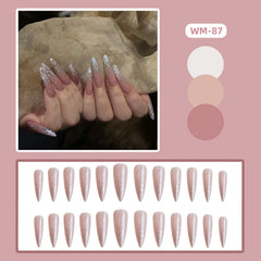 YICKYUE - 24pcs French False Nail Shiny Powder Design Long Pointed Fake Nail Tips for Women Wearable Full Cover Glitter Press on Nails