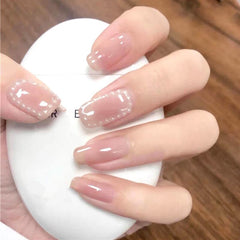 24PCS fake nails with glue sticker Pearl Mid-length Manicure patch removable full cover nails for girls