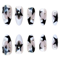 YICKYUE - Short Almond Y2k Nails Press On Nail With Black Pentacle Star Designs 24pcs White French False Nails Rhinestone Fake Nail Tips